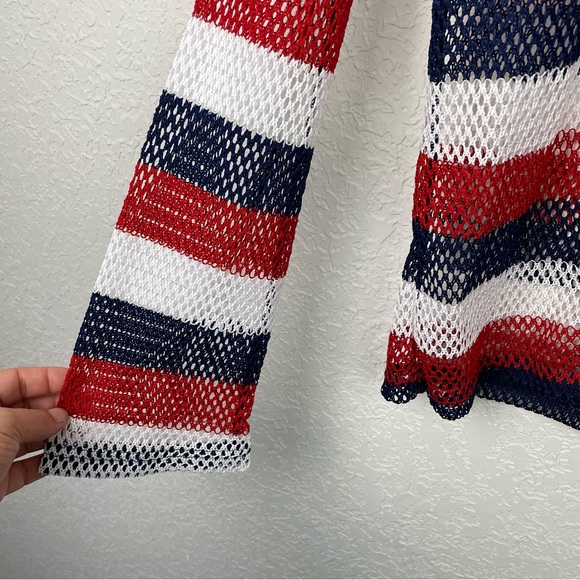 VOICE Red White Blue Striped Open Front Tie Front Longsleeve Cardigan Net Top - Picture 4 of 8